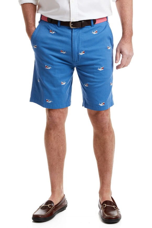 Men's Embroidered Shorts Sharks on Ocean Blue