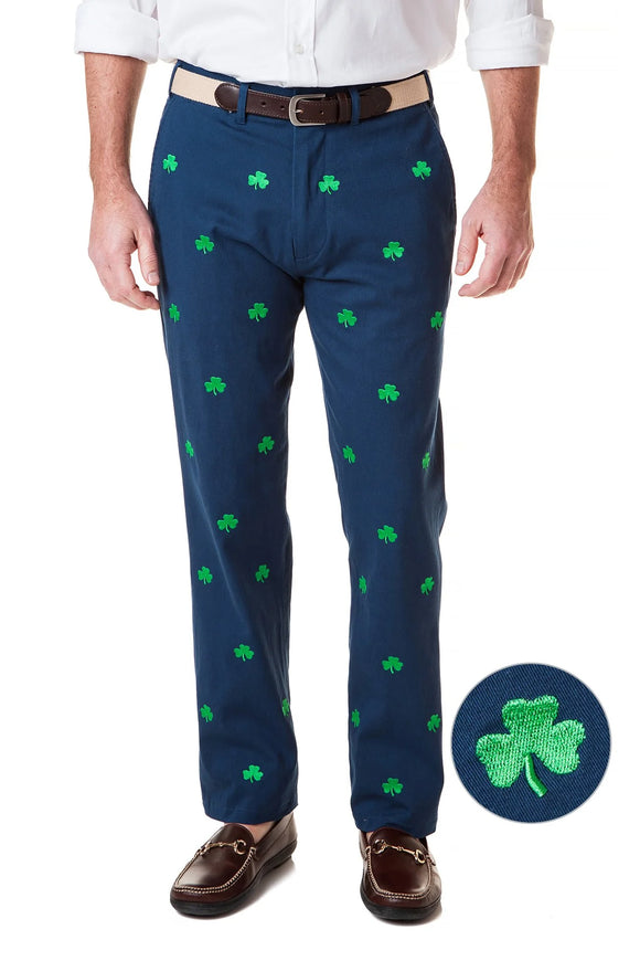 Men's Cotton Twill Embroidered Pants Shamrocks on Navy