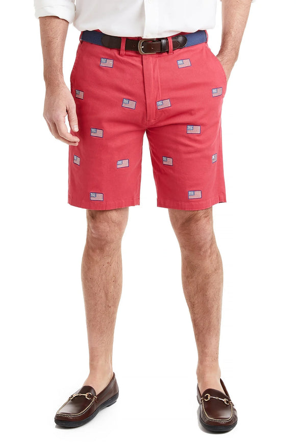 Men's  EmbroideredCotton Twill shorts American Flag on Red