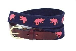 Men custom canvas pink elephant ribbon belt is a party player sold exclusivly on line.