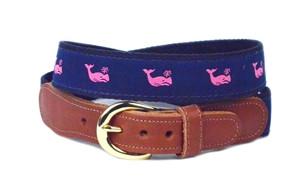 This is the original pink whale belt on a navy background