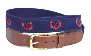 Play to win Men's navy and red goft crest custom canvas ribbon belt 